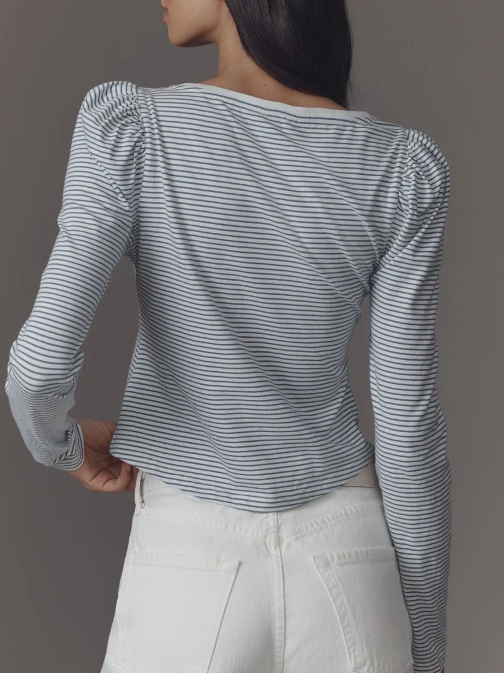 ANTHROPOLOGIE MAEVE Lace Detail Puff-Shoulder Long-Sleeve Knit Top Blue Stripe